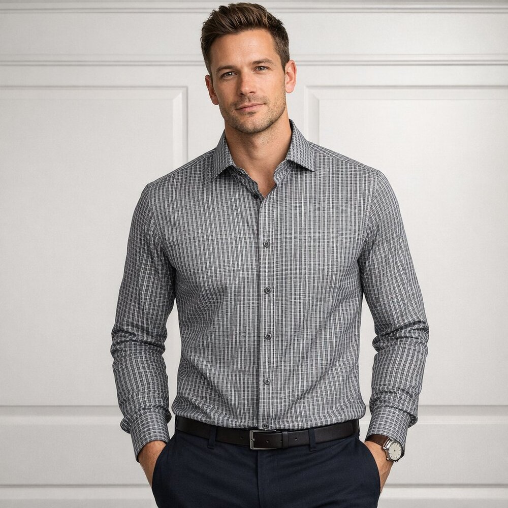 Banana Republic 100% Cotton Charcoal & White Check Button Down Long Sleeve Shirt